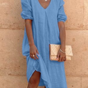New Women Chic Vintage Boho Hippie Holiday 3/4 Sleeve Plain Shift Casual Women Dress, Midi Dresses, Roselinlin - Online Catalog