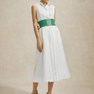Better Basics Simple Cinched Waist Shirt Dress, Midi Dresses, color:White|size:XS, Stylewe