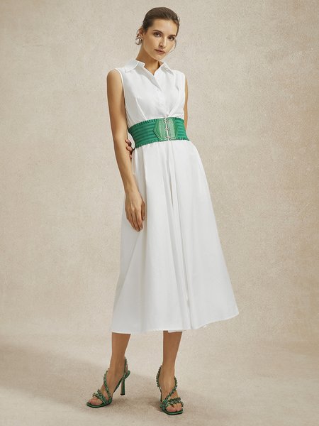 Better Basics Simple Cinched Waist Shirt Dress, Midi Dresses, color:White|size:XS, Stylewe