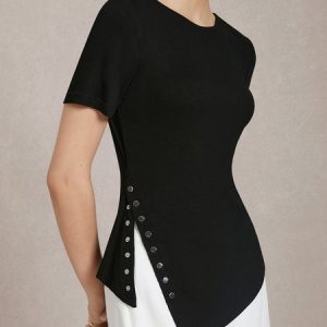 Non-Deforming Split Hem Tee, Tees, color:Black|size:XXL, Stylewe