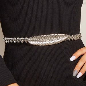 Metal Leaf Beaded Elastic Thin Belt Elegant Dress Decoration, Belts, color:Silver|size:One-size, Stylewe