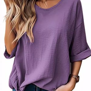 Plain Crew Neck Casual Shirt, Blouses & Shirts, Roselinlin - Online Catalog