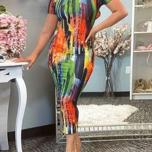 Urban Crew Neck Tight Random Print Dress, Maxi Dresses, color:As Picture|size:XXL, Stylewe