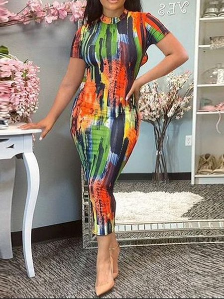 Urban Crew Neck Tight Random Print Dress, Maxi Dresses, color:As Picture|size:XXL, Stylewe