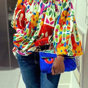 Vacation Geometric Loose Cold Shoulder Shirt, Blouses and Shirts, color:As Picture|size:XXL, Stylewe