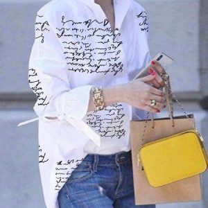 Long Sleeve Elegant Letter Shirt Collar Blouse, Blouses and Shirts, color:White|size:XXL, Stylewe