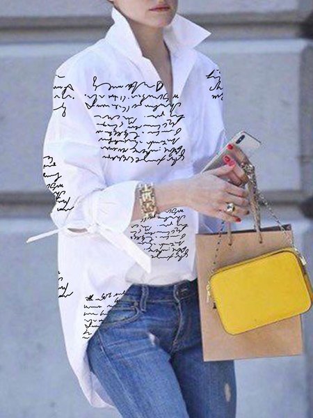 Long Sleeve Elegant Letter Shirt Collar Blouse, Blouses and Shirts, color:White|size:XXL, Stylewe