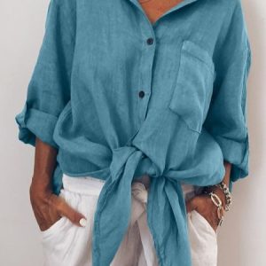 Long Sleeve Buttoned V Neck Solid Shirt, Blouses & Shirts, Roselinlin - Online Catalog