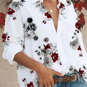 Shirt Collar Printed Long Sleeve Casual Blouse, Blouses & Shirts, Roselinlin - Online Catalog