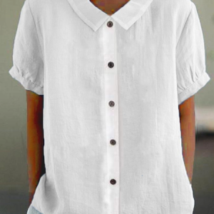 Shawl Collar Short Sleeve Plain Regular Loose Shirt For Women, Shirts, color:White|size:XXL, catalog Noracora shop