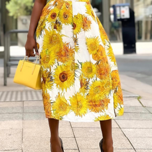 Loose Floral Elegant Midi Skirt, Skirts, color:Yellow|size:XXL, Stylewe