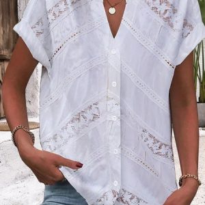Women V Neck Short Sleeve Plain Lace Regular Loose Blouse, Shirts, color:White|size:XXL, catalog Noracora shop