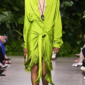 Urban Satin Regular Fit Plain Long Sleeve Midi Dress, Midi Dresses, color:Green|size:XXL, Stylewe