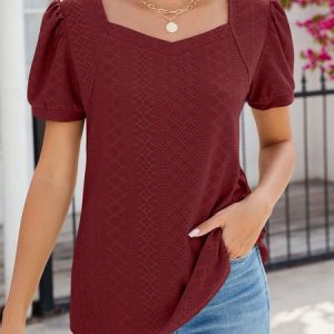 Women Plain Sweetheart Neckline Casual Short Sleeve T-shirt, Tees & T-shirts, Roselinlin - Online Catalog