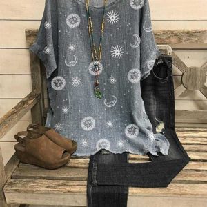 Abstract Short Sleeve Cotton Crew Neck Top, Blouses & Shirts, Roselinlin - Online Catalog