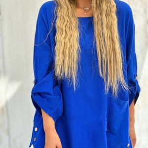 Crew Neck Loose Casual Plain Linen Style Shirt, Blouses & Shirts, Roselinlin - Online Catalog