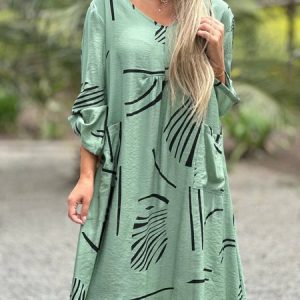 Geometric V Neck Casual Linen Style Dress, Midi Dresses, Roselinlin - Online Catalog