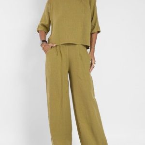 Women's Linen Two Set Suits Elbow Sleeve Round Neck Tops Lounge Wide Leg Pants Matching Sets, Suits, Roselinlin - Online Catalog