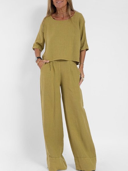 Women's Linen Two Set Suits Elbow Sleeve Round Neck Tops Lounge Wide Leg Pants Matching Sets, Suits, Roselinlin - Online Catalog
