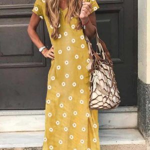 Summer casual retro little daisy printed short-sleeved V-neck dress, Maxi Dresses, Roselinlin - Online Catalog