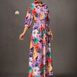 Vacation Floral Button-Front Belted Maxi Shirt Dress with Pocket, Maxi Dresses, color:As Picture|size:XXL, Stylewe