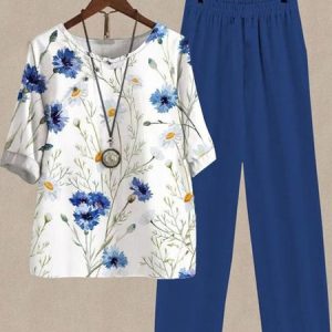 Women Floral Crew Neck Half Sleeve Comfy Casual Top With Pants Two-Piece Set, Sets, color:Royal Blue|size:XXL, catalog Noracora shop