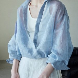 Long Sleeve Shirt Collar Casual Blouse, Blouses and Shirts, color:Blue|size:XL, Stylewe