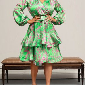 Loose Elegant Abstract Cross Neck Midi Dress With Belt, Midi Dresses, color:Green|size:XXL, Stylewe