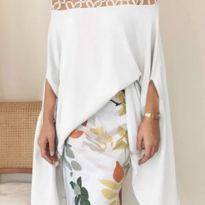 Elegant Loose Crew Neck Floral Mesh Patch Plain Shirt, Blouses and Shirts, color:White|size:XXL, Stylewe