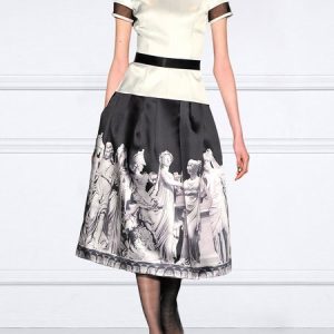 Crew Neck Color Block Elegant Dress, Midi Dresses, color:Black-white|size:XXL, Stylewe