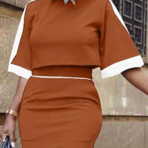 Plus Size Color Block Crew Neck Elegant Regular Fit Shirt, Plus Tops, color:Tan|size:4X, Stylewe
