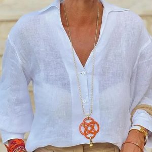 Shirt Collar Plain Daily Regular Fit Casual Linen Blouse, Blouses and Shirts, color:White|size:XXL, Stylewe