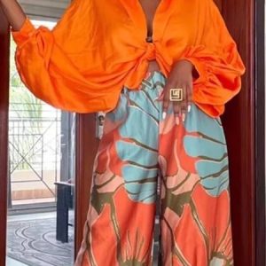 Plain Loose Shirt Collar Vacation Lantern Sleeve Blouse, Blouses and Shirts, color:Orange|size:XXL, Stylewe