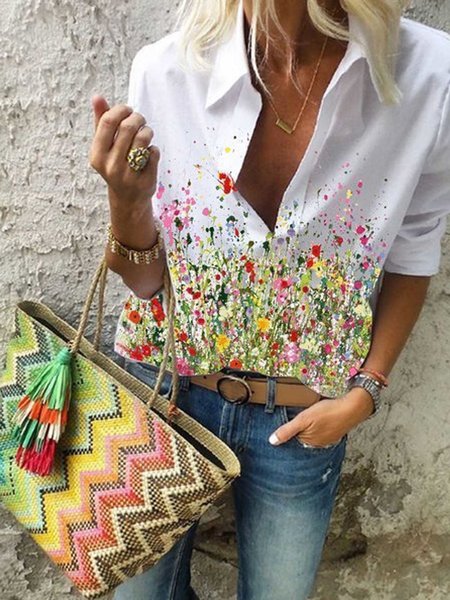 White Short Sleeve Printed Cotton Top, Blouses & Shirts, Roselinlin - Online Catalog