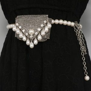 Faux Pearl Fringe Waist Chain Rhinestone Mini Belt Bag, Belts, color:Black|size:One-size, Stylewe