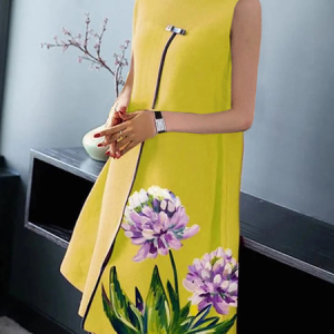 Loose High Elasticity Stand Collar Urban Sleeveless Floral Skirt Dress, Midi Dresses, color:Yellow|size:XS, Stylewe