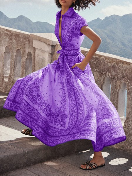 Shirt Collar Urban Regular Fit Dress, Maxi Dresses, color:Purple|size:XXL, Stylewe
