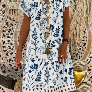 Floral V Neck Linen Style Loose Dress, Midi Dresses, Roselinlin - Online Catalog
