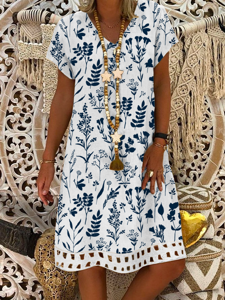 Floral V Neck Linen Style Loose Dress, Midi Dresses, Roselinlin - Online Catalog