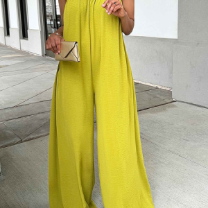 Square Neck Sleeveless Plain Loose Vacation Jumpsuit, Jumpsuits, color:Yellow|size:XXL, Stylewe