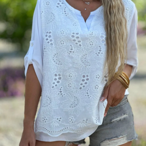 Plain V Neck Simple Loose Linen Style Blouse, Blouses & Shirts, Roselinlin - Online Catalog
