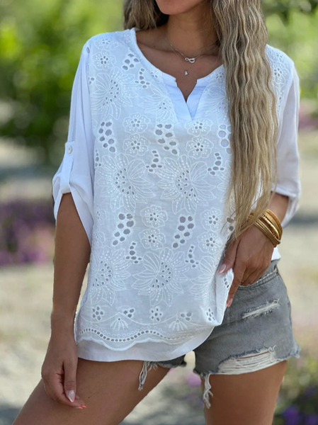 Plain V Neck Simple Loose Linen Style Blouse, Blouses & Shirts, Roselinlin - Online Catalog