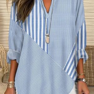 Women Blouse Casual Striped Long Sleeve Notched Regular Loose Shirt, Blouses, color:Blue|size:XXL, catalog Noracora shop