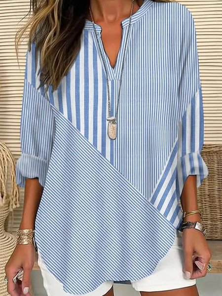 Women's Long Sleeve Blouse Spring/Fall Striped Notched Neck Daily Going Out Casual Tunic Top Blue, JustFashionNow Blouses, color:Blue|size:XXL,
