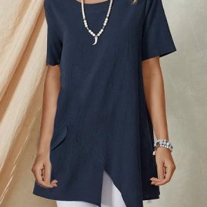 Cotton-Blend Solid Short Sleeve Crew Neck Top, Blouses & Shirts, Roselinlin - Online Catalog