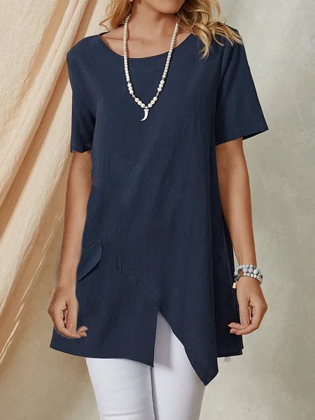 Cotton-Blend Solid Short Sleeve Crew Neck Top, Blouses & Shirts, Roselinlin - Online Catalog