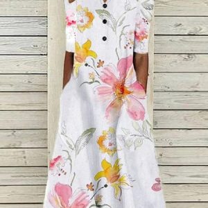 Floral Casual V Neck Half Sleeve Buttoned Pockets A-line Dress, Midi Dresses, Roselinlin - Online Catalog