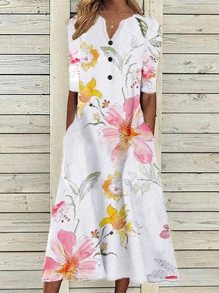 Floral Casual V Neck Half Sleeve Buttoned Pockets A-line Dress, Midi Dresses, Roselinlin - Online Catalog