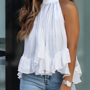 Halter Plain Flouncing Loose Sleeveless Urban Shirt, Blouses and Shirts, color:White|size:XS, Stylewe