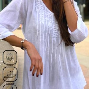 V Neck Cotton Casual Lace Shirt, Blouses & Shirts, Roselinlin - Online Catalog